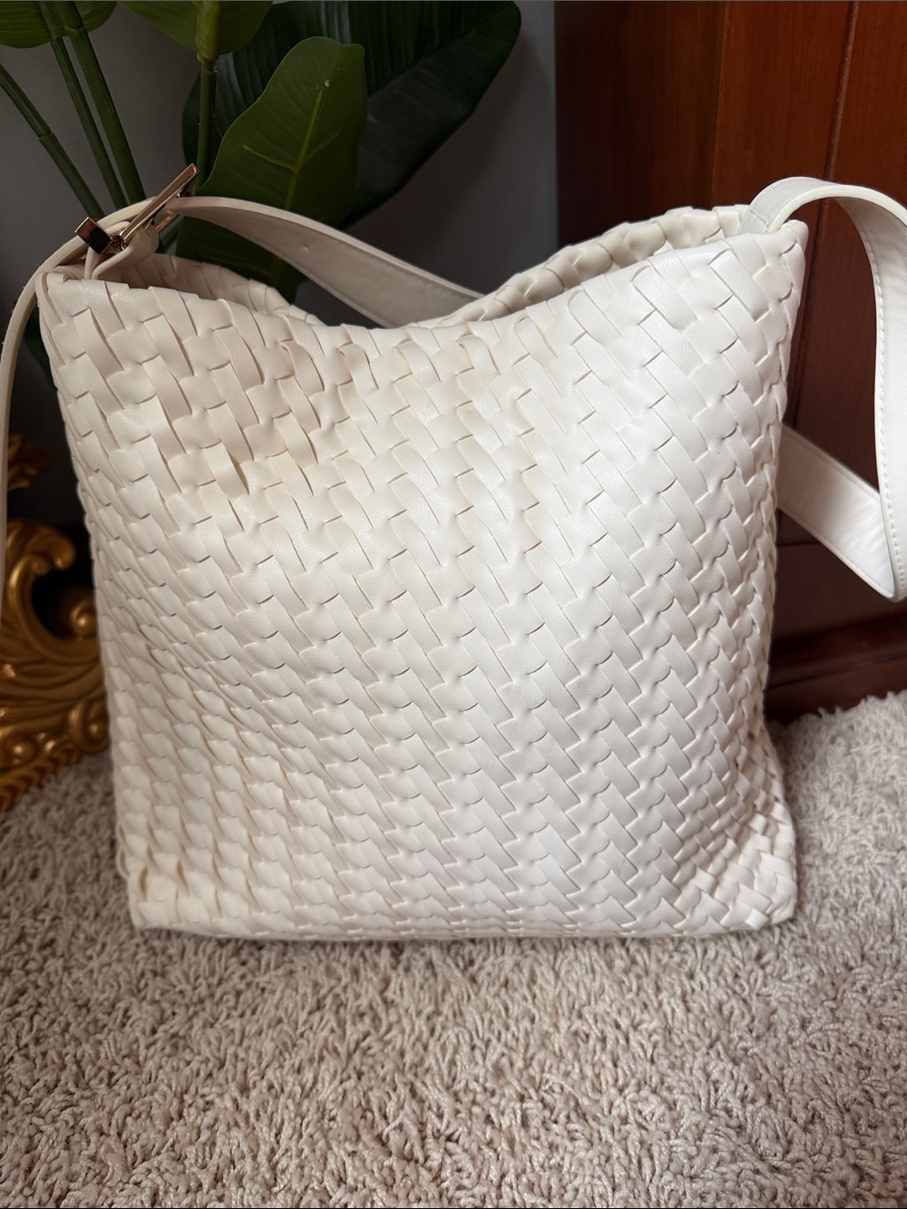 a new day Cream Woven Tote with Gold Accents